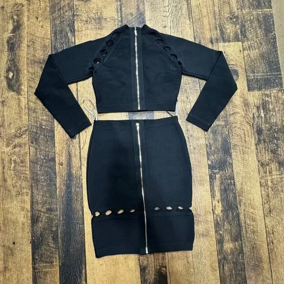 Herve Leger Trendy Black Two-Piece Cutout Bandage Dress Set Party Club zip - Picture 2 of 13